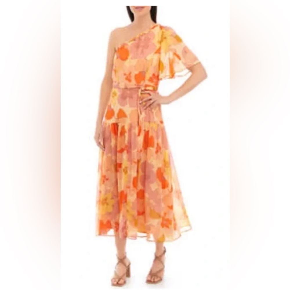 Taylor Floral Asymmetrical One  Sleeve Ruffle Trim Midi Romantic Size 2 New